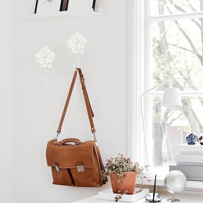 Guichifun Flower Coat Hooks Wall Decor - 2pcs Resin White Decorative Wall Hooks for Hanging Clothes Coats Towels Keys Bags Hats Bathroom Home Decoration Gift 4 x 1.5 x 7 Inch