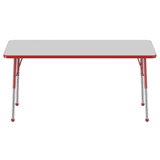 FDP Rectangle Activity School and Office Table (24 x 60 inch), Standard Legs with Ball Glides, Adjustable Height 19-30 inches - Gray Top and Red Edge