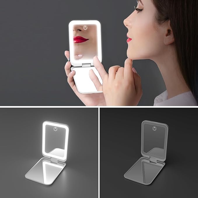 Kintion 2025 Pocket Mirror, Rechargeable Dimmable 3 Color Lighting 1X/3X LED Compact Travel Makeup Mirror for Purse, Portable, Folding, Handheld, Small Lighted Mirror for Women Gift, White
