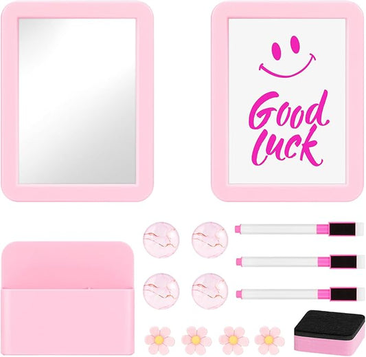 MoKo Locker Accessories Set, 15PCS Back to School Supplies Includes Magnetic Mirror, Whiteboard, Markers, Pen Holder, and Magnets, Locker Organizer for School Office (Pink)