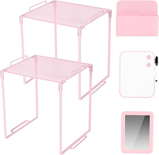 Locker Organizer Accessories Decorating Kit, Metal Mesh Locker Shelf, Magnetic Pen Holder,Mirror,Whiteboard, Markers, Magnets,Suitable for School,Work,Office,Gym (2pack-Pink)