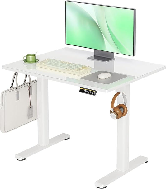 Claiks Small Glass Standing Desk, 35x20 Inch Electric Standing Desk Adjustable Height Quick Install for Computer Workstations, Super White