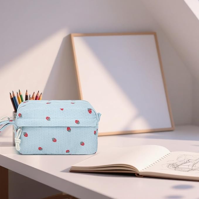 Bluboon Big Capacity Pencil Case Pencil Pouch Pen Case School Supplies Cute Pencil Box Pencil Bag for Teen Girls Boys Women Man (Strawberry Blue)