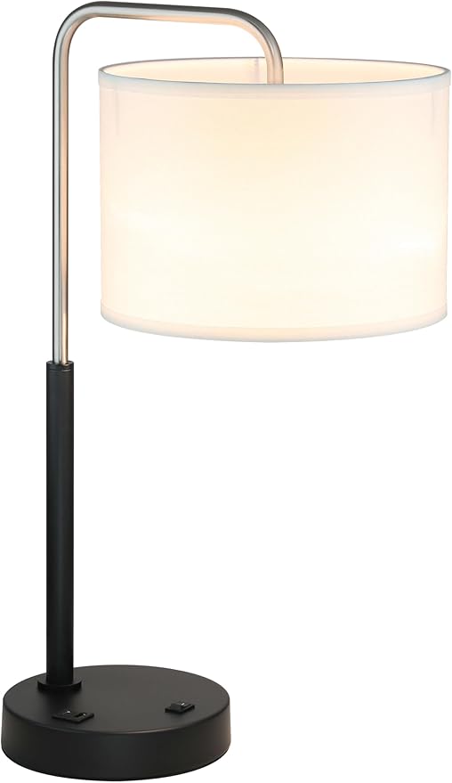 XiNBEi Lighting Bedside Table Lamp, Mid Century Modern Bedroom Desk Lamp Nightstand Table Lamp with USB Port & Drum Shade Brushed Nickel Finish XB-TL257-BN
