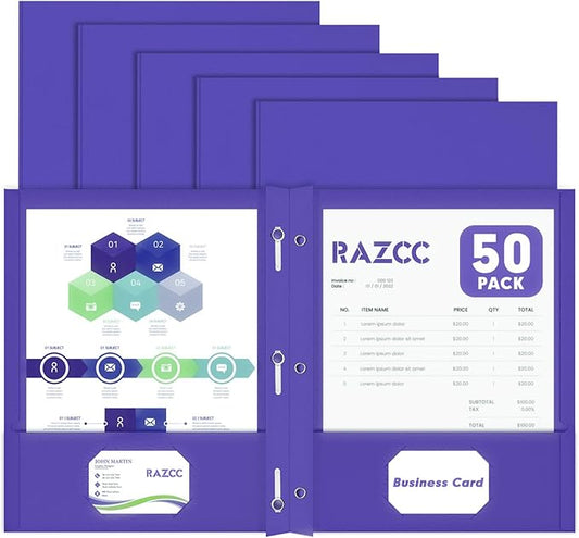 Two Pocket Folders, RAZCC 50 Pack Two Pocket Folders with Prongs, 3 Prong Folders Fit Letter Size Paper, Pocket File Folders for School Office Home Business, Purple