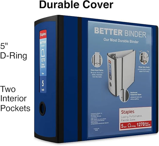 Staples 5" 3-Ring Better Binder, D-Ring, Navy Blue (27925)