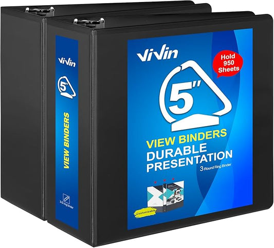 ViVin Durable 5 inch D Ring View Binder, Large 5" Slant-D Ring with 950-Sheet Capacity, Fit 8.5" x 11" Paper, 2 Pack(Black)