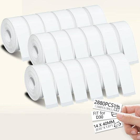 2880PCS White D30 Label Maker Tape, Thermal Printer Paper, Smart Mini Label Maker Refill for Office, Home, Shcool,14x40mm,160 Labels/Roll, 18 Rolls