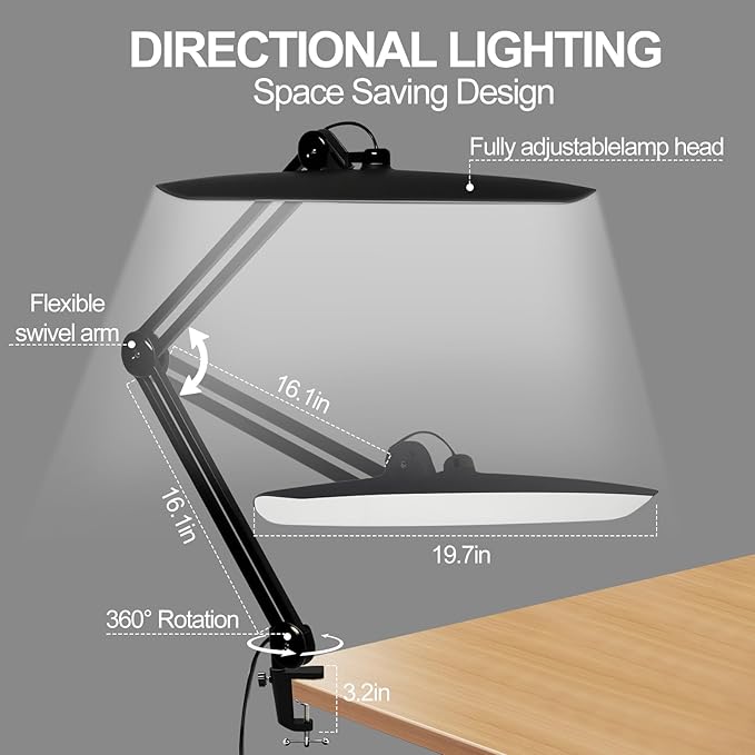 182 LEDs Desk Lamps for Home Office, 20” Overhead Bright Lumens 24W Metal Eye-Caring Nail Desk Light for Reading Work Craft Sewing Task Workbench, Black