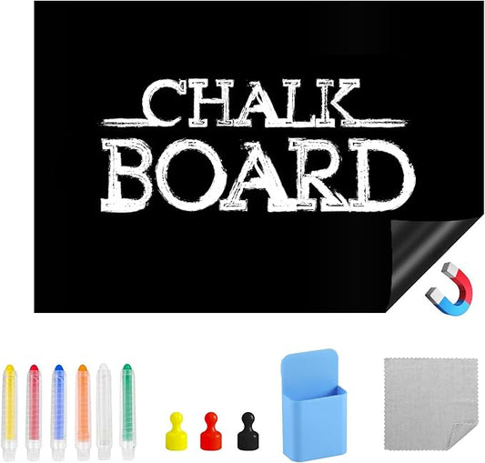 Magnetic Black Dry Erase Board for Refrigerator, 12" x 18"Chalk Board Contact Paper Decal for School, Office, Kitchen Fridge, Kids Drawing with Dustless Chalk, Holder and Magnets