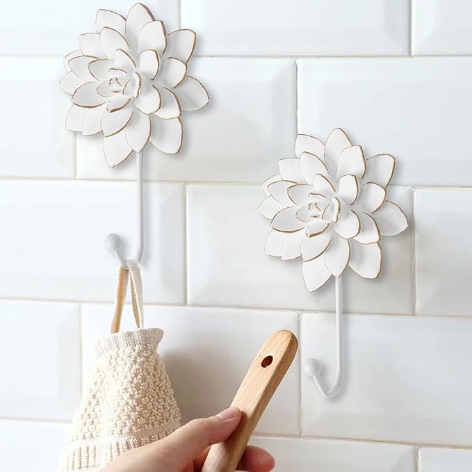 Guichifun Flower Shaped Decorative Wall Hooks - 2pcs Resin White Vintage Decor Hanger for Keys, Bags, Towels Bathroom Living Room Kitchen Home Decoration Gift 4 x 1.5 x 7 Inch