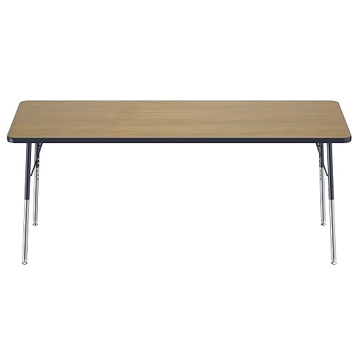 FDP Rectangle (30 x 72 inch) Classroom Table with Adjustable Standard Swivel Glide Legs (19-30 in); School and Office Furniture - Pasadena Oak Top/Navy Edge and Legs
