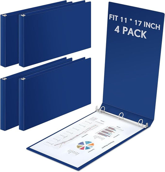 4 Pcs 11 x 17 Inch 3 Ring Binders 2 Inch Rings Heavy Duty View Plastic Flexible D Ring Binders Economy Holds 11" x 17" Paper for Artwork Blueprints, Office, Home, Work Places(Blue)