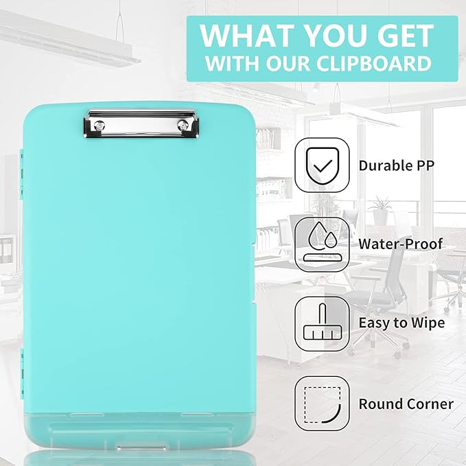 Clipboard with Storage,A4 Clipboards with Pen Holder,Heavy Duty Plastic Storage Clipboard with Low Profile Clip,Nursing Clipboards Folder Side-Opening,Smooth Writing Clip Board for Office-Blue Green