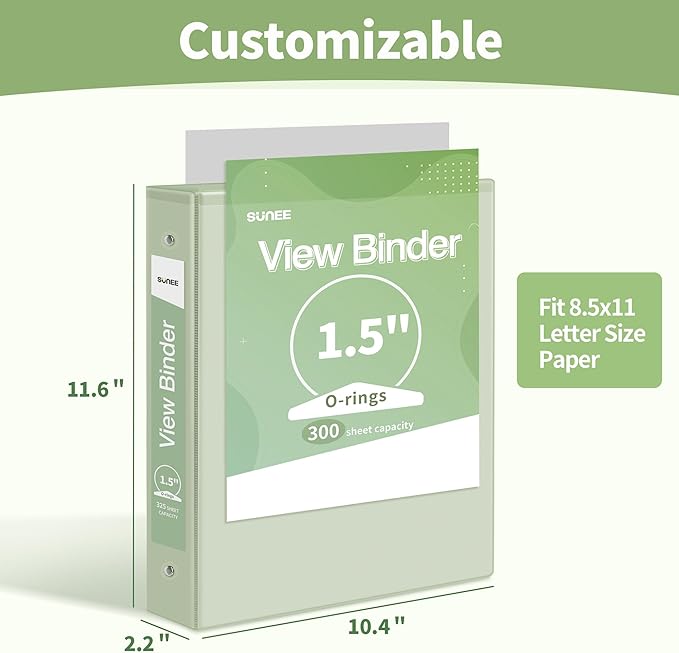SUNEE 3 Ring Binder 1.5 Inch 1 Pack, Clear View Binder Three Ring PVC-Free (Fit 8.5x11 Inches) for School or Office Supplies, Green