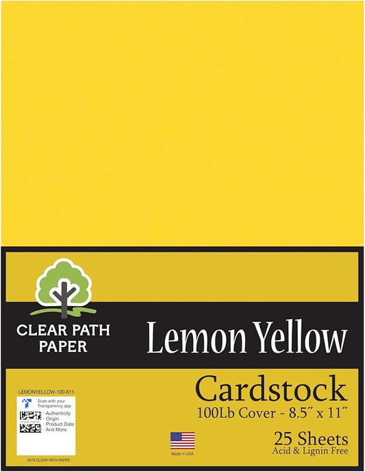Clear Path Paper Lemon Yellow Cardstock - 8.5 x 11 inch - 100Lb Cover - 25 Sheets