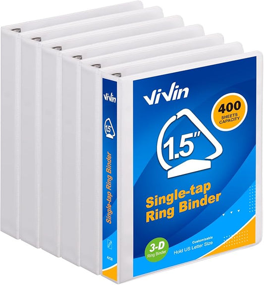 ViVin 1.5 Inch Slant-D View Binder, Single-Tap 3 Ring Binder 1.5", Fits 8.5" x 11" Paper, White,6 Pack