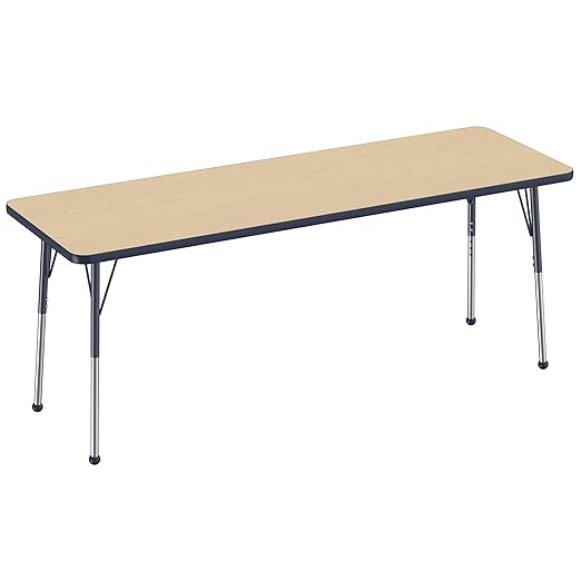 Factory Direct Partners FDP Rectangle Activity School and Office Table (24 x 72 inch), Standard Legs with Ball Glides, Adjustable Height 19-30 inches - Maple Top and Navy Edge