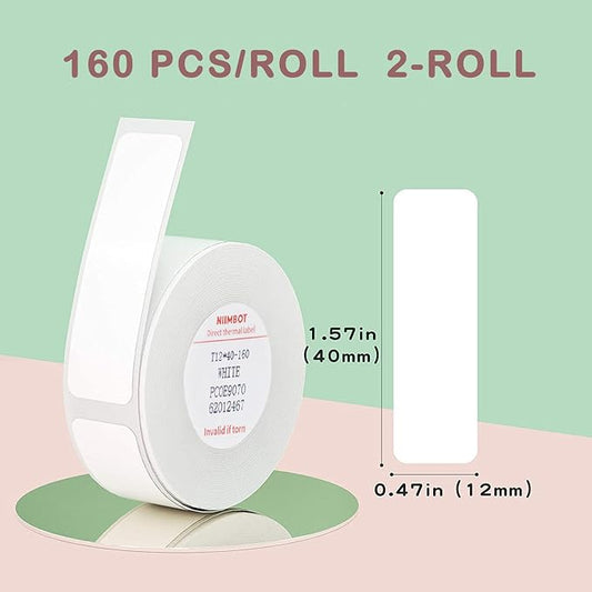 NIIMBOT Label Tape of Model D11/D110/D101 Printer, (2 Rolls, 0.47"×1.57"/12×40mm) Waterproof and Self-Adhesive Labels, Office & Home Labeling Tape Replacement (White)