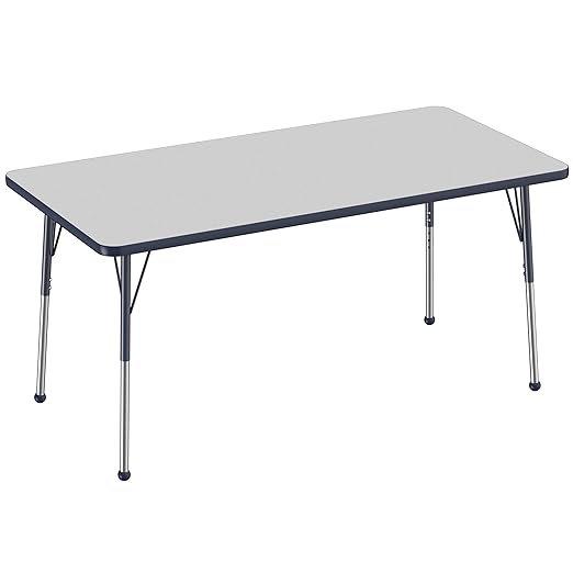 FDP Rectangle Activity School and Office Table (30 x 60 inch), Standard Legs with Ball Glides, Adjustable Height 19-30 inches - Gray Top and Navy Edge