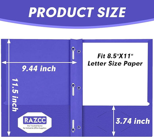 Two Pocket Folders, RAZCC 100 Pack Two Pocket with Prongs, 3 Prong Pocket Folders Letter Size, Paper Folders with Prongs for School Office Home Business, Assorted 5 Colors