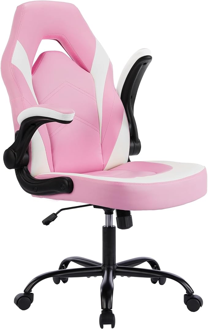 DUMOS Gaming Ergonomic Office Chair for Adults, Height Adjustable Computer Desk Chair with Flip-up Armrests, PU Leather Swivel Video Game Chair with 360° Rolling Wheels, Pink