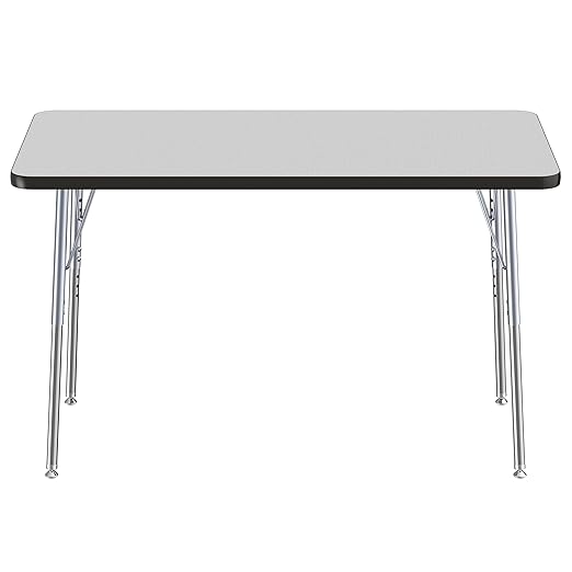 FDP Rectangle Activity School and Office Table (24 x 48 inch), Silver Standard Legs with Swivel Glides, Adjustable Height 19-30 inches - Gray Top and Black Edge