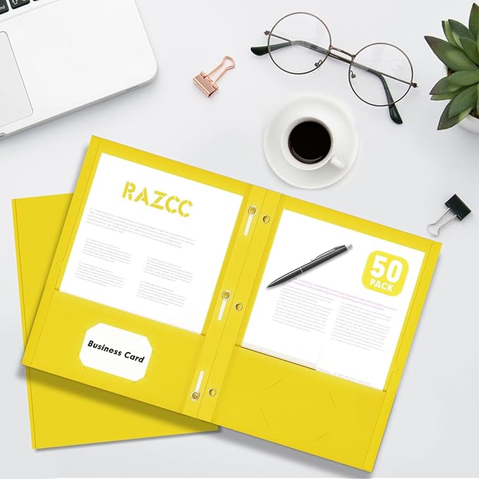 Two Pocket Folders, RAZCC 50 Pack Two Pocket Folders with Prongs, 3 Prong Folders Fit Letter Size Paper, Pocket File Folders for School Office Home Business, Yellow
