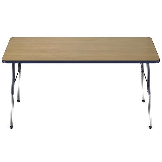 FDP Rectangle (36 x 60 inch) Classroom Table with Adjustable Standard Ball Glide Legs (19-30 in); School and Office Furniture - Pasadena Oak Top/Navy Edge and Legs