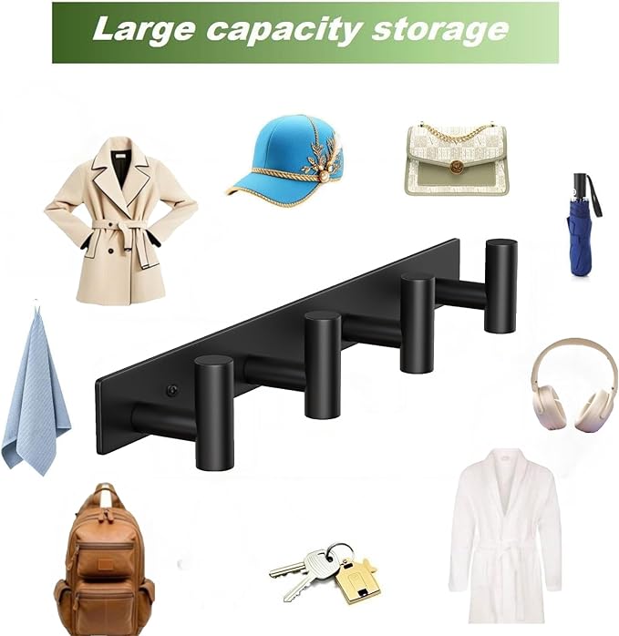 Coat Rack Wall Mounted with 4 Hooks, Wall Hooks for Hanging Towel Coat Hat Bag, Heavy Duty, Metal Hat Rack Coat Hanger Towel Hooks Coat Hooks for Entryway Bathroom Kitchen (Black, 2 Packs)