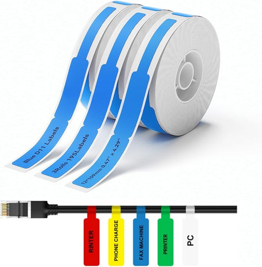 NIIMBOT D11 Label Tape D110 Label Maker Papers 3Rolls Cable Labels, Self-Adhesive Labeling Tape 0.47" X 4.29" (12 X 109mm) Cable Label Refills for Home Office Circuit Box, 195 Labels/3Rolls, Blue