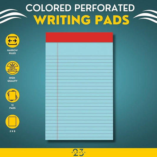 Always23 Notepads, Office Legal Pads, Writing Pads, Narrow Rule, 50 Blue Sheets, 5 x 8 Sheets, 12 pack