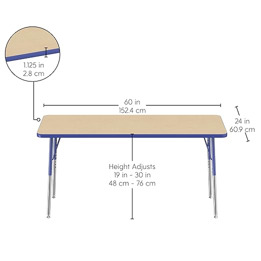 Factory Direct Partners FDP Rectangle Activity School and Office Table (24 x 60 inch), Standard Legs with Swivel Glides, Adjustable Height 19-30 inches - Maple Top and Blue Edge