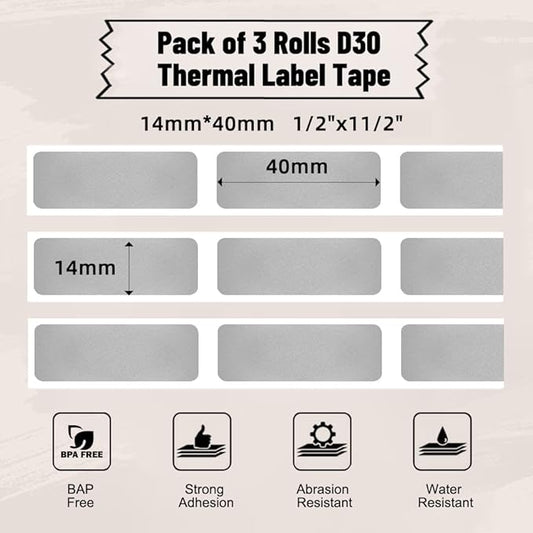 Phomermo D30 Label Maker Tape, Black on Cream White with Glitter Transparent Label Sticker Thermal Paper Self-Adhesive, 14 x 40mm (1/2" x11/2) 160 Tapes/Roll, 3 Rolls for D30 D35 Q30 Q30S Q31 D30Pro