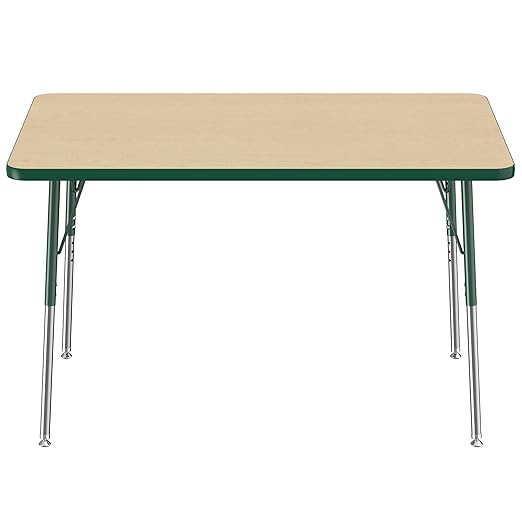 FDP Rectangle Activity School and Office Table (30 x 48 inch), Standard Legs with Swivel Glides, Adjustable Height 19-30 inches - Maple Top and Green Edge
