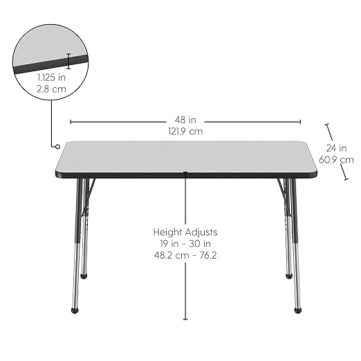 FDP Rectangle Activity School and Office Table (24 x 48 inch), Standard Legs with Ball Glides, Adjustable Height 19-30 inches - Gray Top and Black Edge