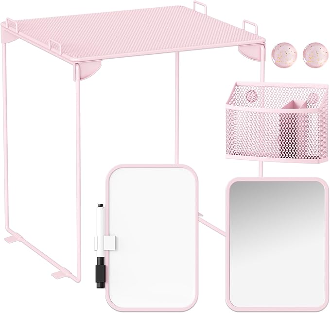 Pink Locker Accessories with Locker Shelf, Magnetic Mirror, Magnetic Pen Holder, Magnetic Small Whiteboard, Back to School Essentials Locker Decorations, 7 Piece Locker Organizer for Work