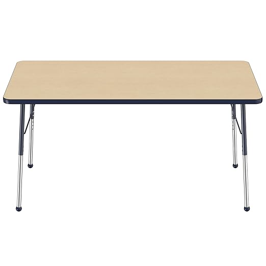 Factory Direct Partners FDP Rectangle Activity School and Office Table (36 x 60 inch), Standard Legs with Ball Glides, Adjustable Height 19-30 inches - Maple Top and Navy Edge