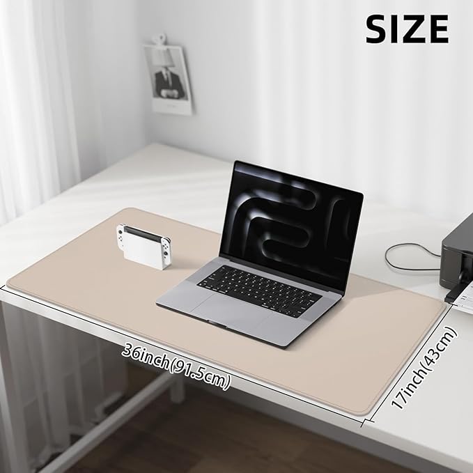 Leather Desk Pad Protector Large Mouse Pad, Stitched Locking Edge Laptop Computer Desk Mat Blotter, Non-Slip Waterproof Durable Writing Pad for Office and Home (Beige, 80 x 40cm)