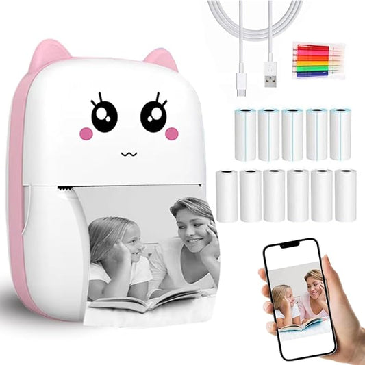 Mini Sticker Printer USX1, Inkless Thermal Pocket Receipt Printer, 203DPI, Bluetooth, Pink, 11 Rolls Paper, iOS & Android Compatible