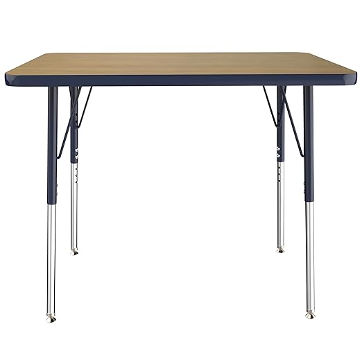 FDP Rectangle (24 x 36 inch) Classroom Table with Adjustable Standard Swivel Glide Legs (19-30 in); School and Office Furniture - Pasadena Oak Top/Navy Edge and Legs