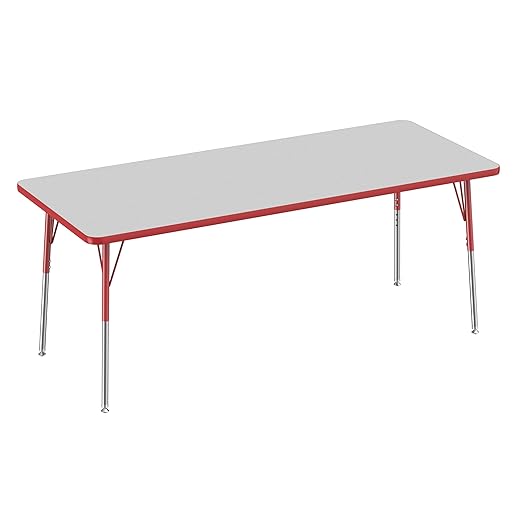 FDP Rectangle Activity School and Office Table (30 x 72 inch), Standard Legs with Swivel Glides, Adjustable Height 19-30 inches - Gray Top and Red Edge