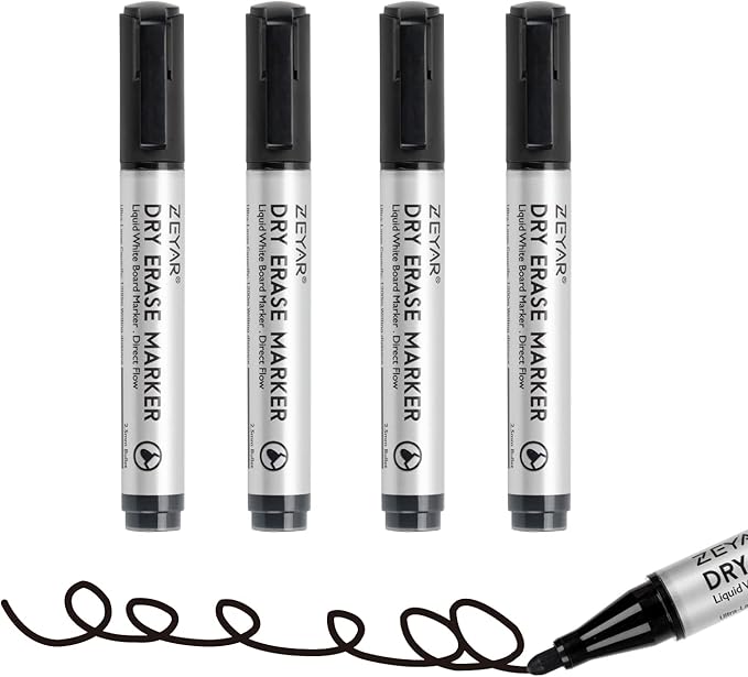 ZEYAR Dry Erase Marker Low-Odor Bullet Tip, Ultra-Large Capacity, Advanced Direct Flow Structure, Whiteboard Marker for School, Office, Home, 4 Count (4 Black)