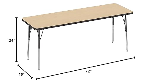 FDP Rectangle Activity School and Office Table (24 x 72 inch), Standard Legs with Swivel Glides, Adjustable Height 19-30 inches - Maple Top and Black Edge