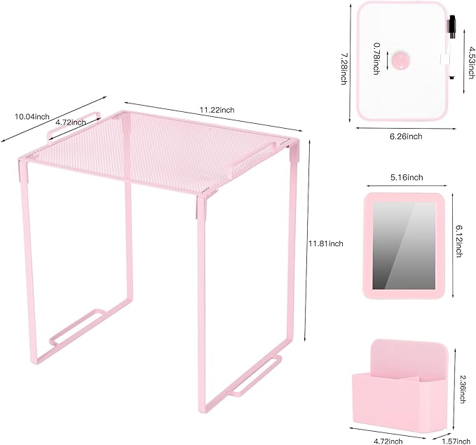 Locker Organizer Accessories Decorating Kit, Metal Mesh Locker Shelf, Magnetic Pen Holder,Mirror,Whiteboard, Markers, Magnets,Suitable for School,Work,Office,Gym (1pack-Pink)
