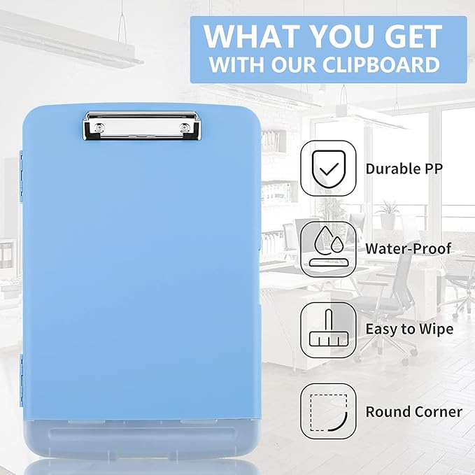 Clipboard with Storage, A4 Binder Nursing Clipboards with Pen Holder, Heavy Duty Storage Clipboard with Low Profile Clip, Clipboards Folder Side-Opening, Smooth Writing Clip Board (Lake Blue)
