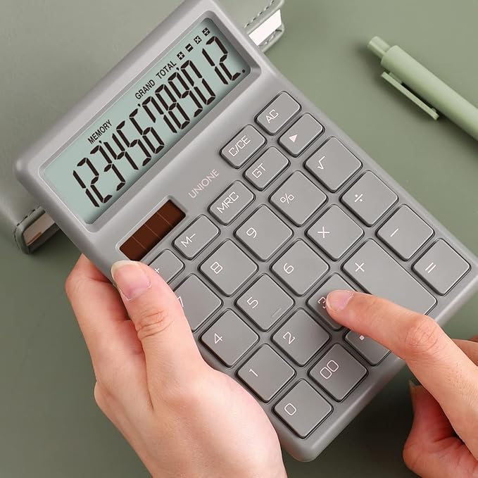 UNIONE Desktop Navy Calculator with a Bright LCD, Dual Power Handheld Desktop. Color. Business, Office, High School, 4×6 inch