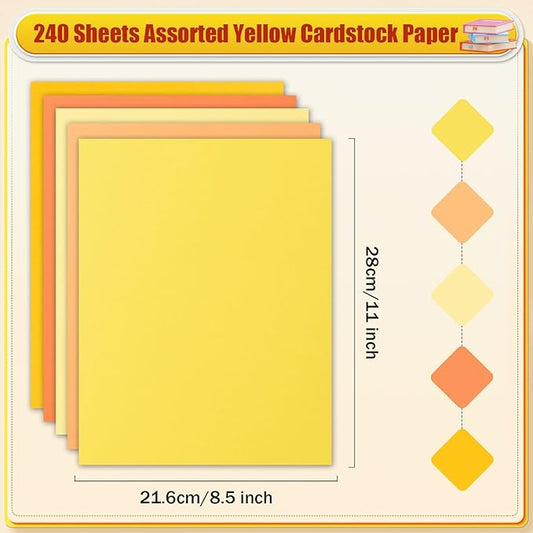 MixTeach 240 Sheets Assorted Yellow Cardstock Paper 8.5 x 11" Medium Thick Card Stock 180gsm/65lb Printable Kraft Paper for Boho Themed Scrapbooking, Card Making, Invitations, DIY Art Craft Supplies