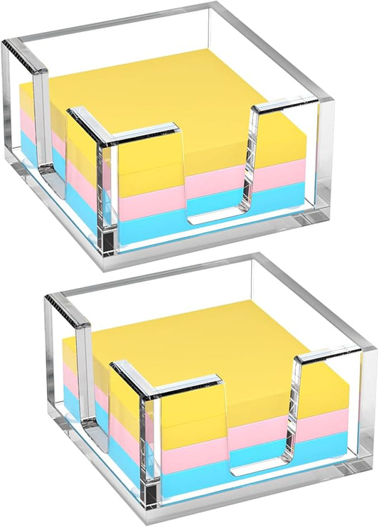 Acrylic Sticky Note Holder, Self-Stick Note Pad Holder W/O Pads - Note Dispenser Memo Pad Holder Desk Organizer for School Office Home (3''x3'' Clear - 2 Pack)