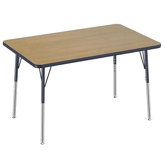 FDP Rectangle (30 x 48 inch) Classroom Table with Adjustable Standard Swivel Glide Legs (19-30 in); School and Office Furniture - Pasadena Oak Top/Navy Edge and Legs